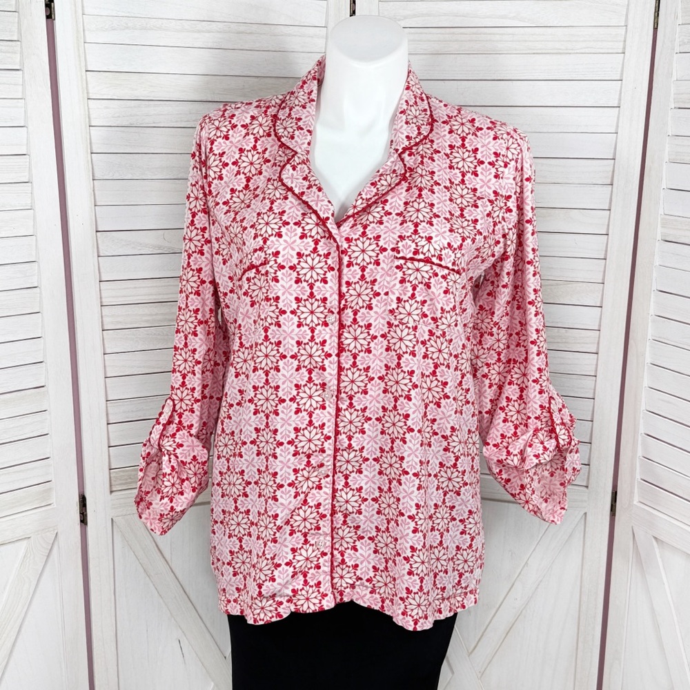 Victoria’s Secret Snowflake Button Up Flannel Pajama Top Pink Red XL